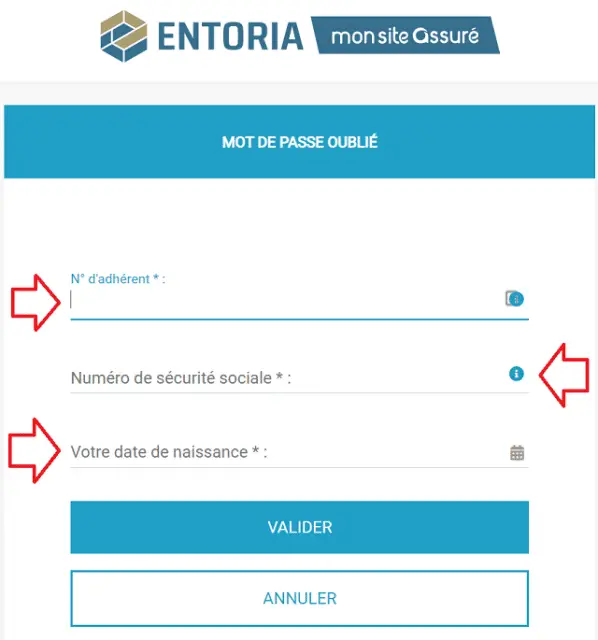 mot de passe oublie entoria mon site assure